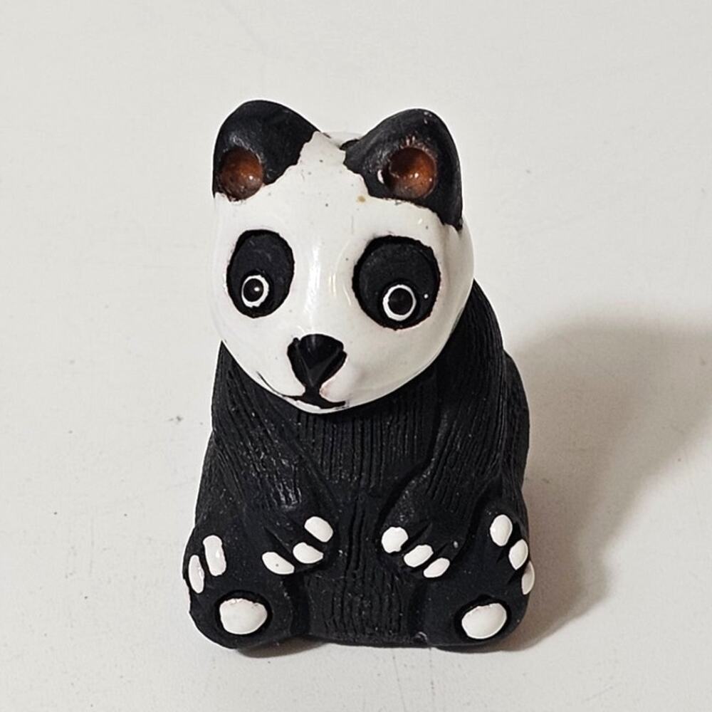 Vintage Peruvian hand-painted pottery/clay panda figurine, marked "Camil Posca"